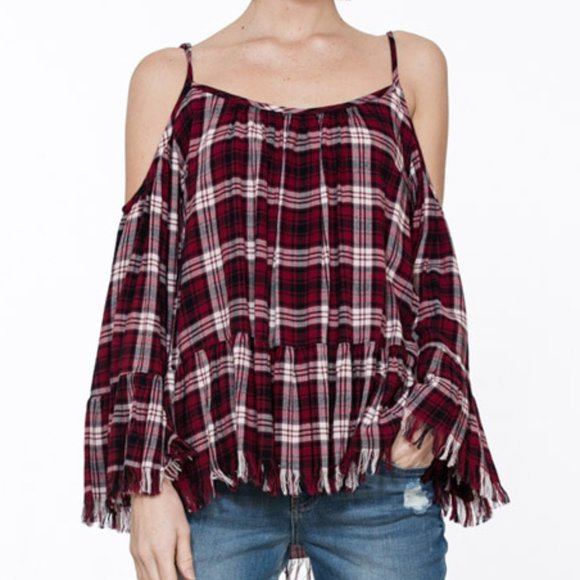 PLAID OFF SHOULDER RUFFLE DETAIL TOP - Picture 3 of 6